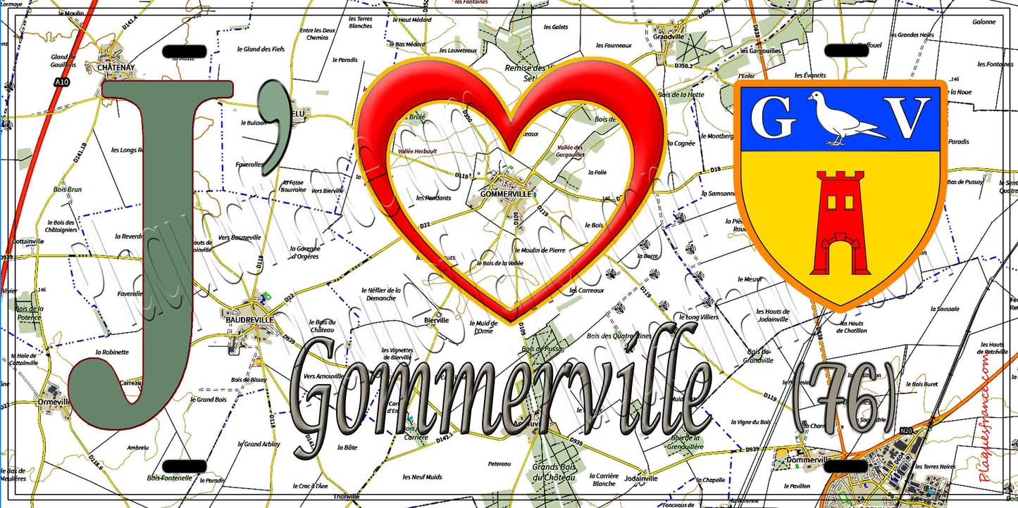 Plaque métal décorative 15X30 J' ❤️ Gommerville, Seine Maritime (76) geo