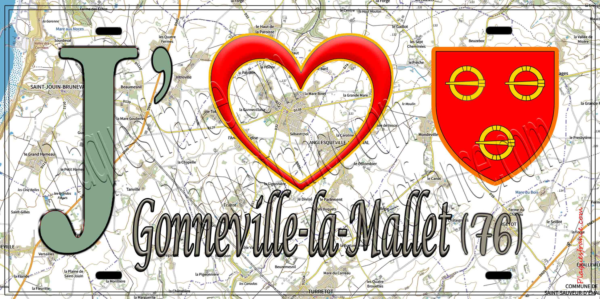 Plaque métal décorative 15X30 J' ❤️ Gonneville-la-Mallet, Seine Maritime (76) geo