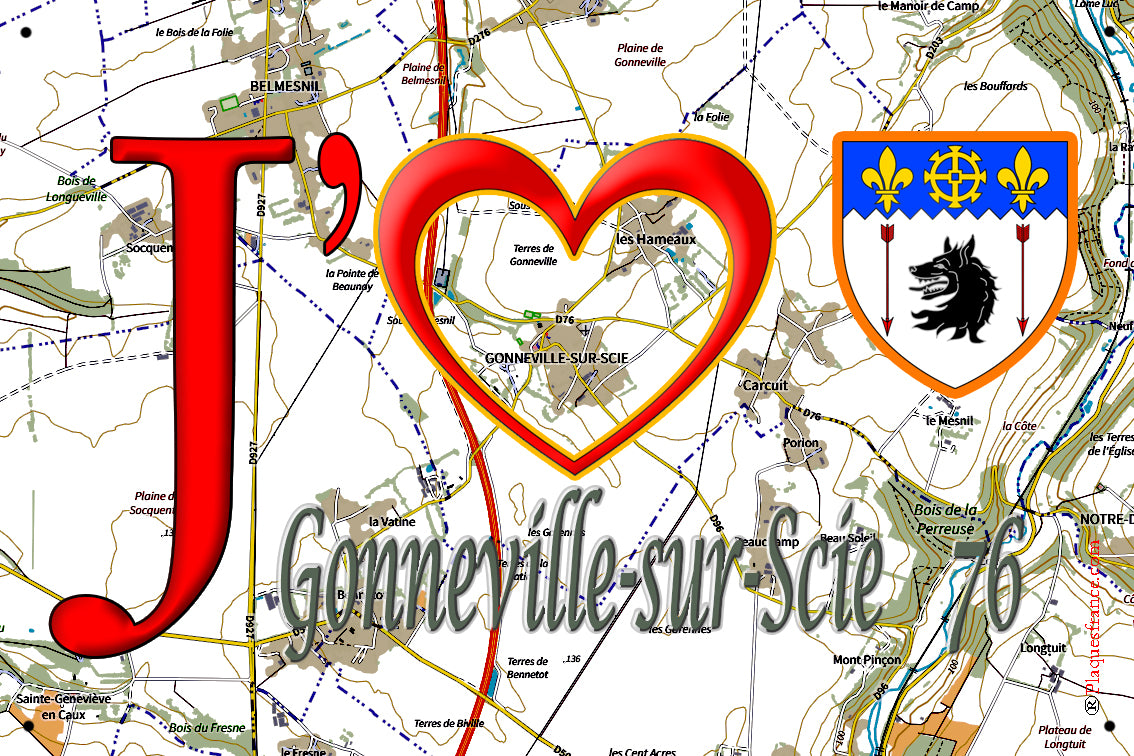 Plaque métal décorative 20 cm x 30 cm  J' ❤️ Gonneville-sur-Scie, Seine Maritime (76)