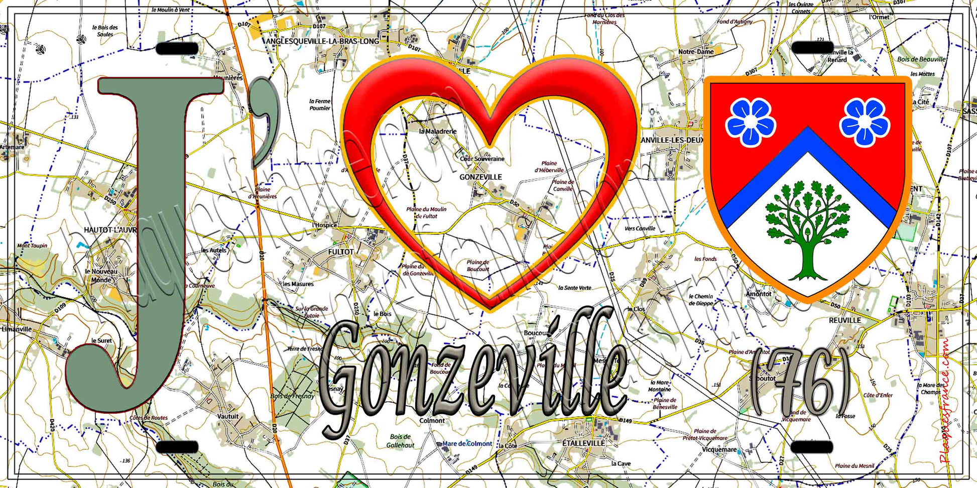 Plaque métal décorative 15X30 J' ❤️ Gonzeville, Seine Maritime (76) géo