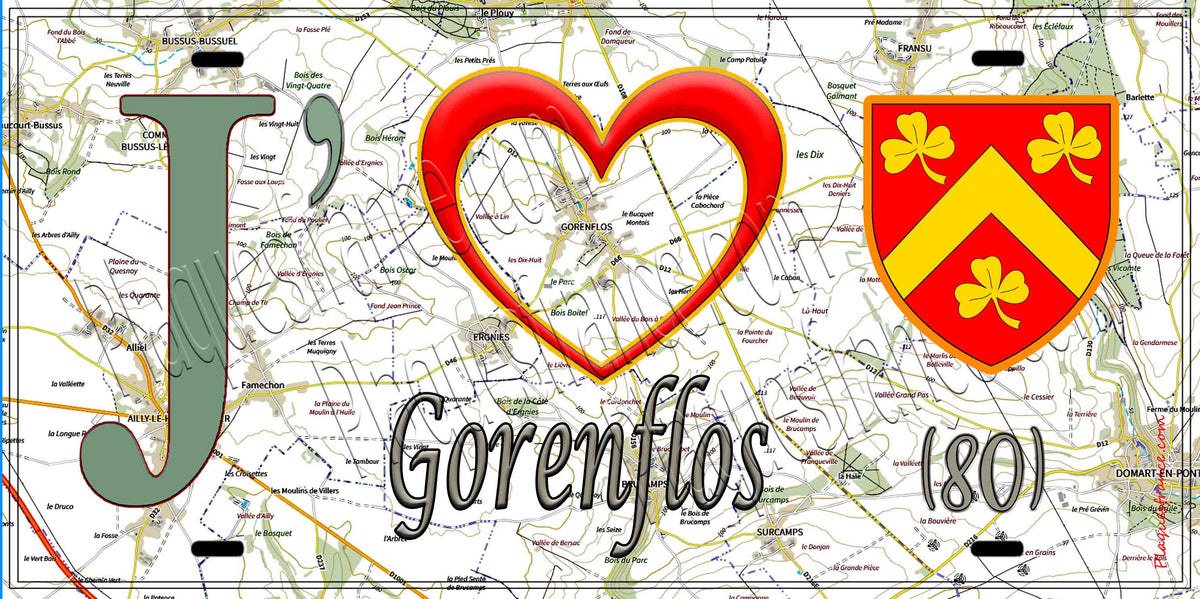 Plaque métal décorative 15X30 J' ❤️ il love Gorenflos, Somme (80) 