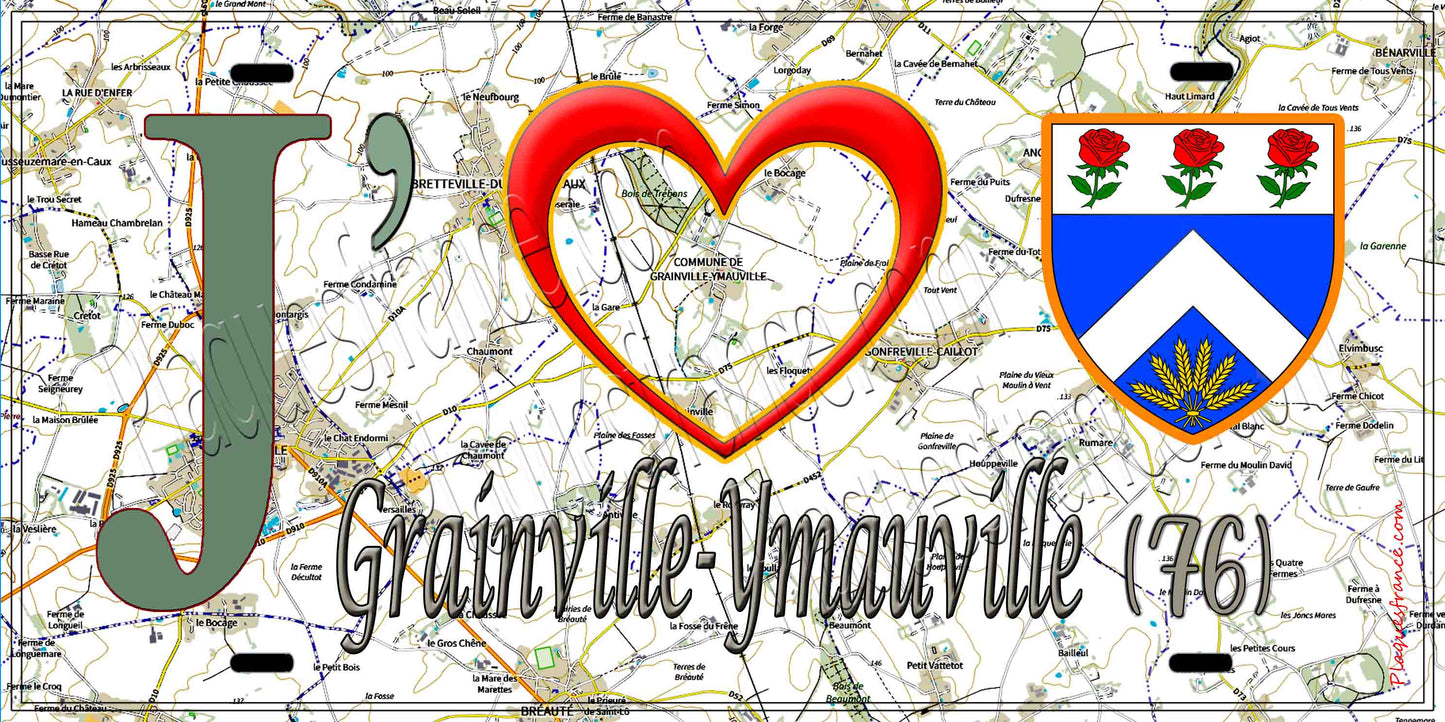 Plaque métal décorative 15X30 J' ❤️ Grainville-Ymauville, Seine Maritime (76) geo