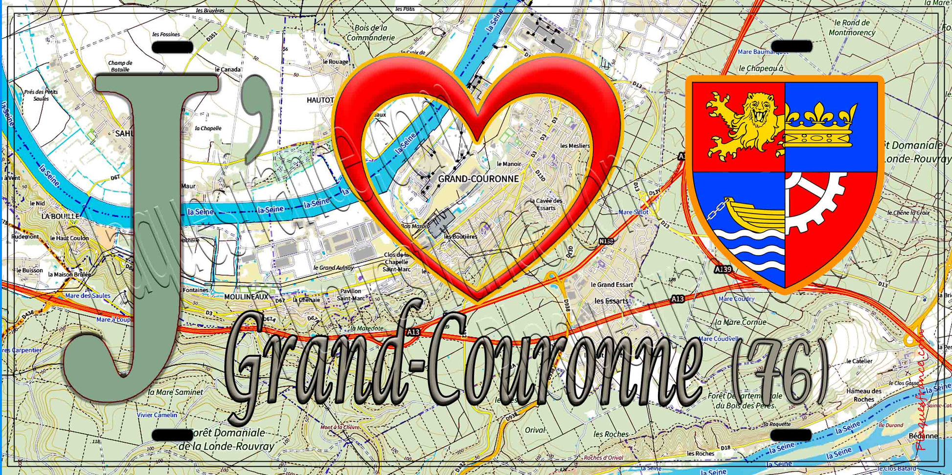 Plaque métal décorative 15X30 J' ❤️ Grand-Couronne, Seine Maritime (76) géo