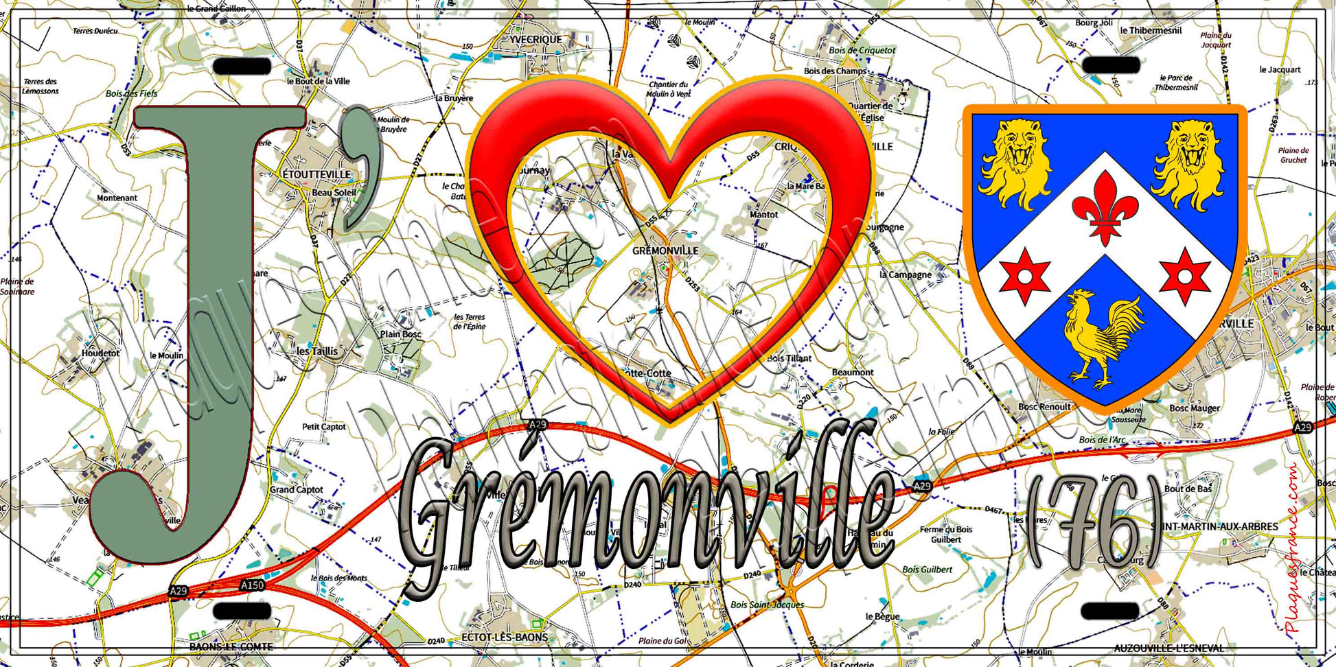 Plaque métal décorative 15X30 J' ❤️ Grémonville, Seine Maritime (76) géo