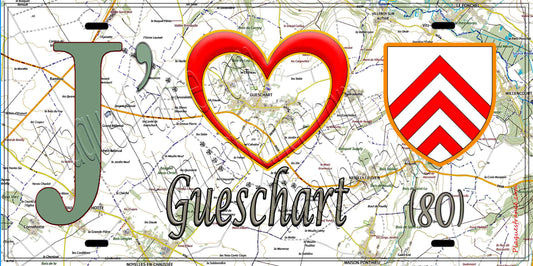 Plaque métal décorative 15X30 J' ❤️ il love Gueschart, Somme (80)