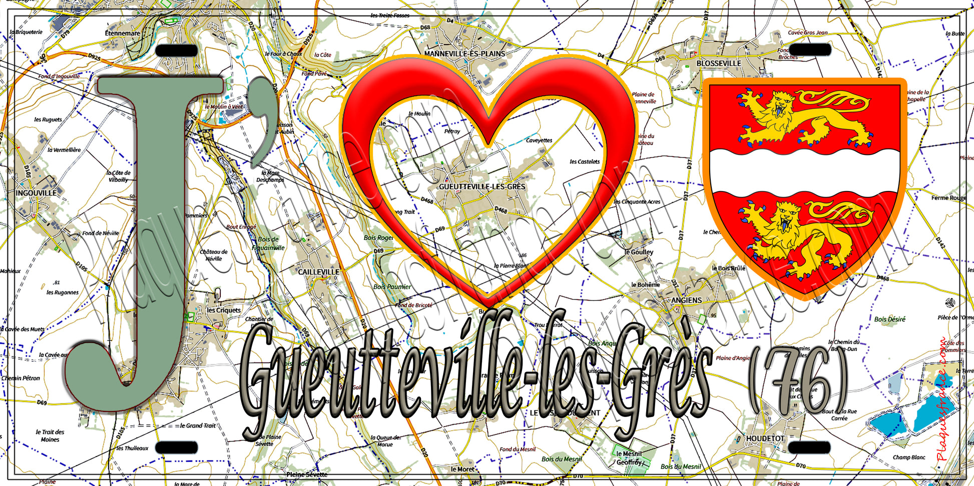 Plaque métal décorative 15X30 J' ❤️ Gueutteville-les-Grès, Seine Maritime (76) géo