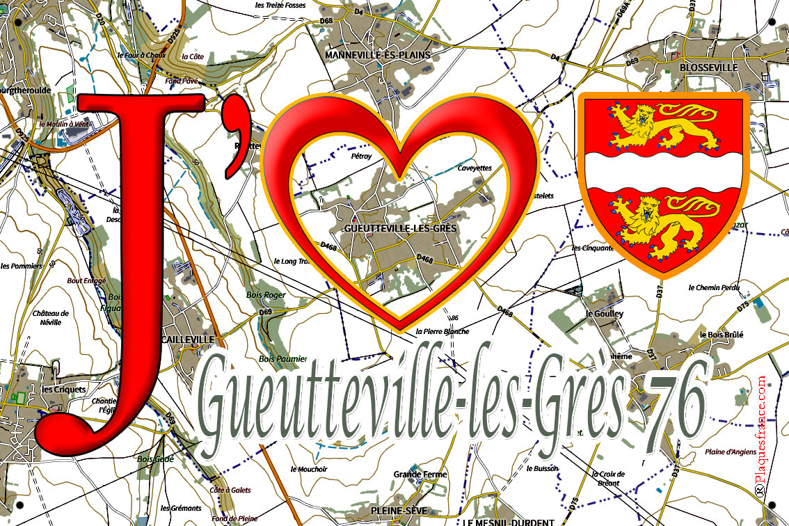 Plaque métal décorative 20 cm X 30 cm J' ❤️ Gueutteville-les-Grès, Seine Maritime (76)