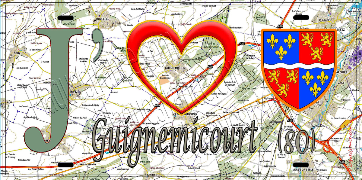 Plaque métal décorative 15X30 J' ❤️ Guignemicourt, Somme (80) géo