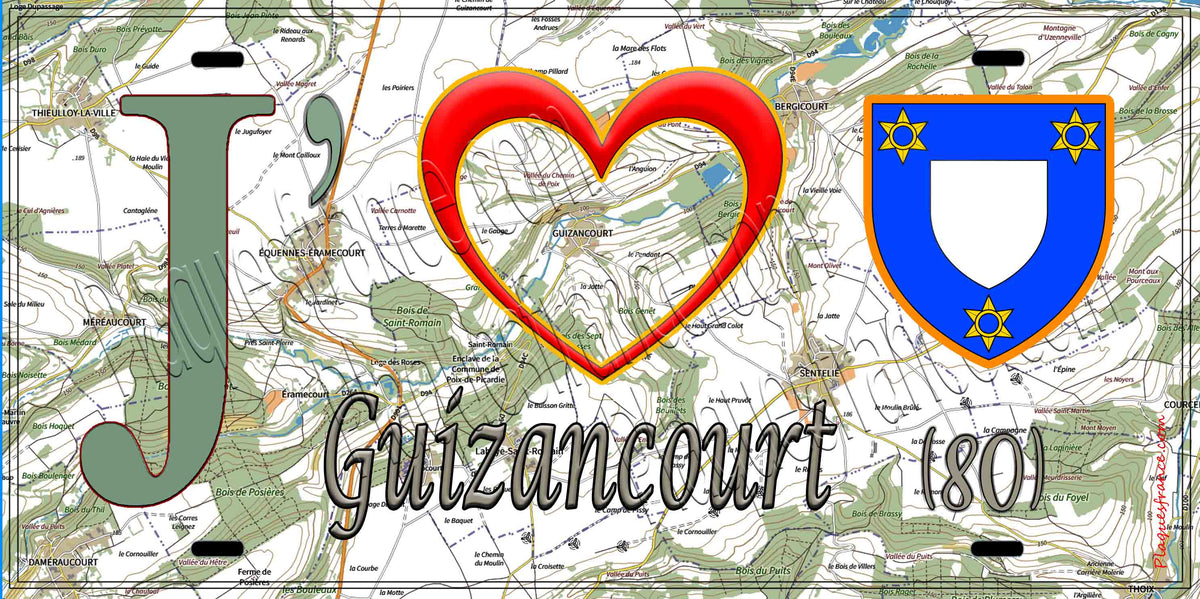 Plaque métal décorative 15X30 J' ❤️ Guizancourt, Somme (80) geo