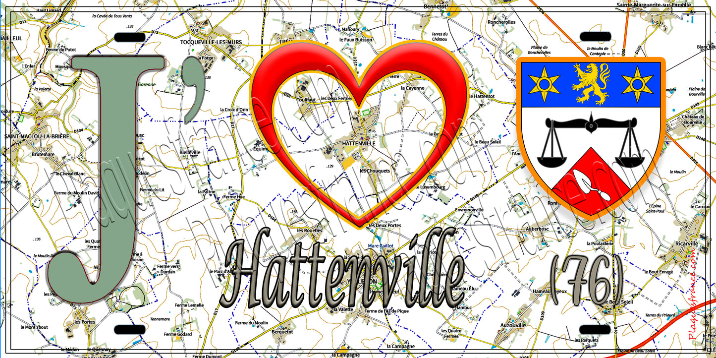 Plaque métal décorative 15X30 J' ❤️ Hattenville, Seine Maritime (76) géo