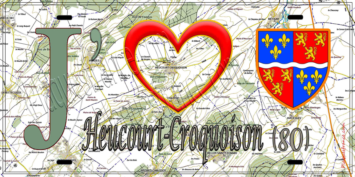 Plaque métal décorative 15X30 J' ❤️ Heucourt-Croquoison, Somme (80) géo