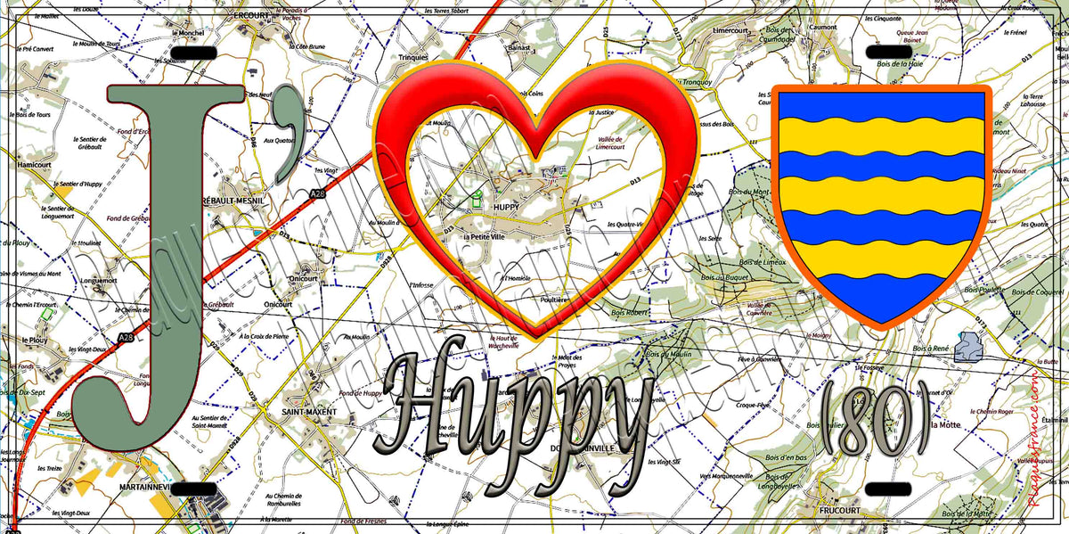 Plaque métal décorative 15X30 J' ❤️ Huppy, Somme (80) geo
