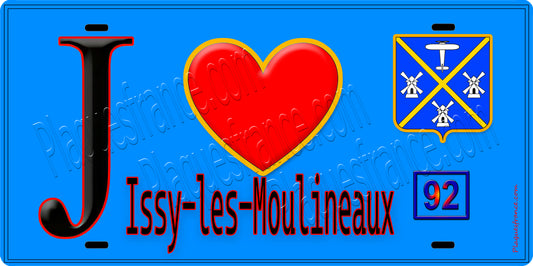 Plaque métal décorative  J' ❤️ Issy-les-Moulineaux, Hauts de Seine (92) fond bleu