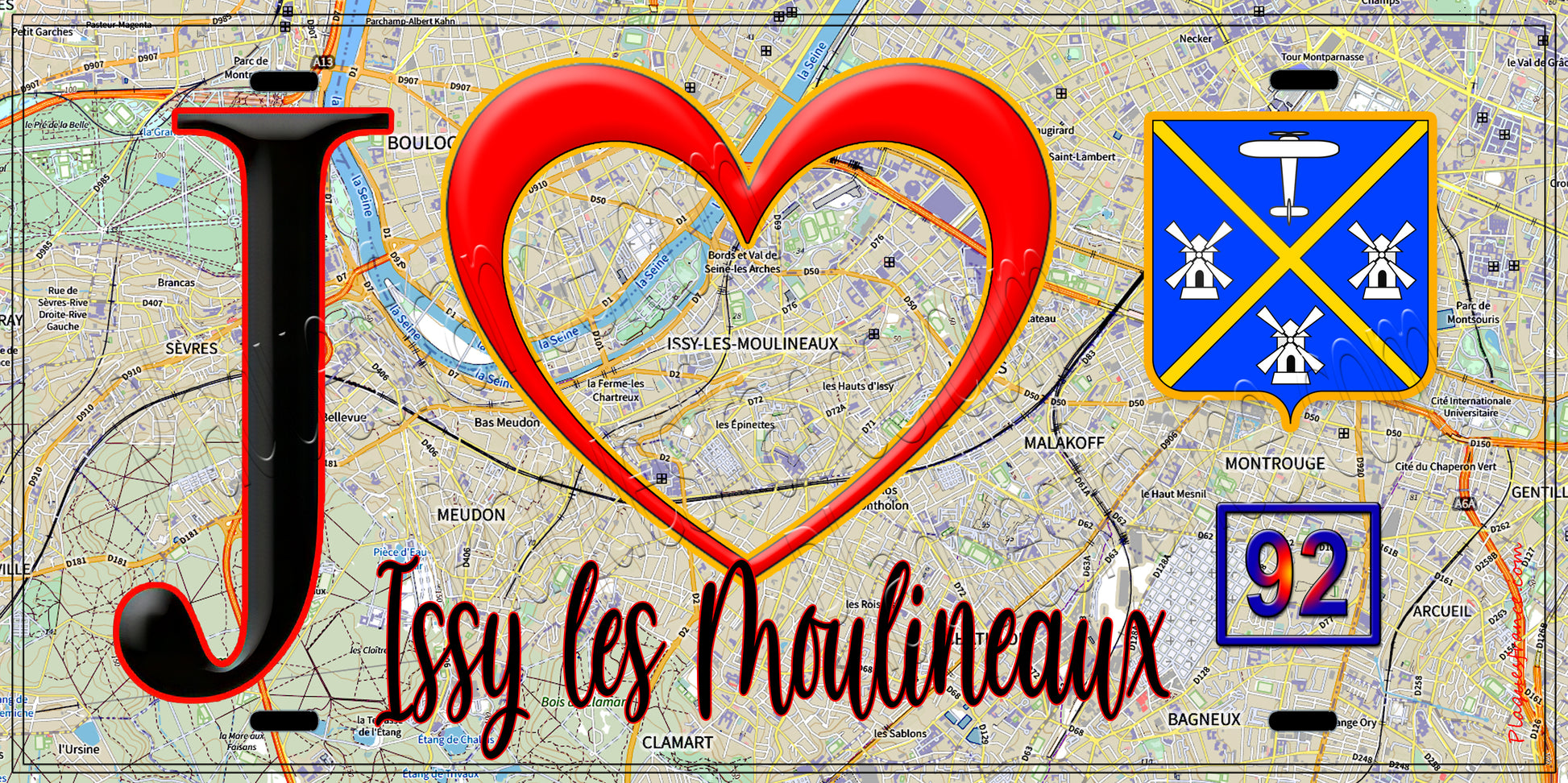 Plaque métal décorative  J' ❤️ Issy-les-Moulineaux, Hauts de Seine (92) fond carte