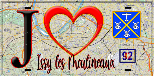Plaque métal décorative  J' ❤️ Issy-les-Moulineaux, Hauts de Seine (92) fond carte