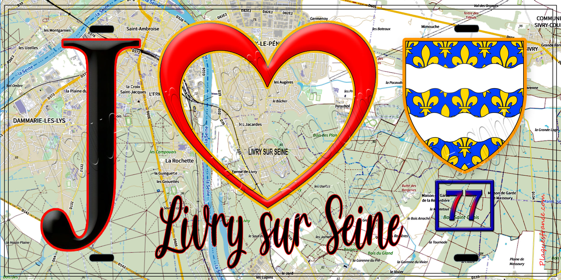 Plaque métal décorative  J' ❤️Livry-sur-Seine, Seine et Marne (77) fond carte