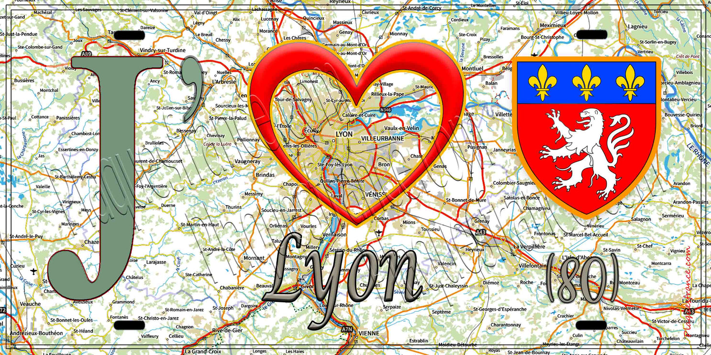 Plaque métal décorative, J' ❤️Lyon, Rhône (69)