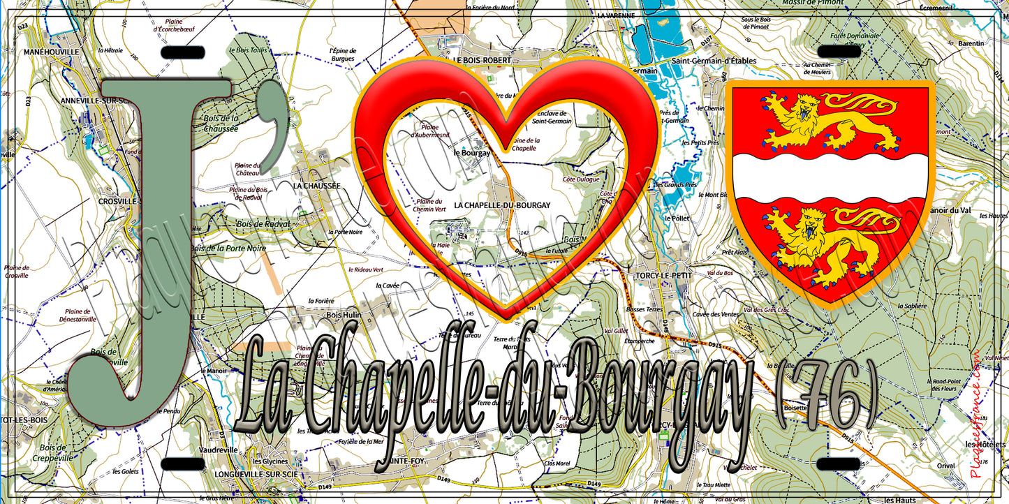 Plaque métal décorative 15x30 J' ❤️ La chapelle du bourgay, Seine Maritime (76) géo