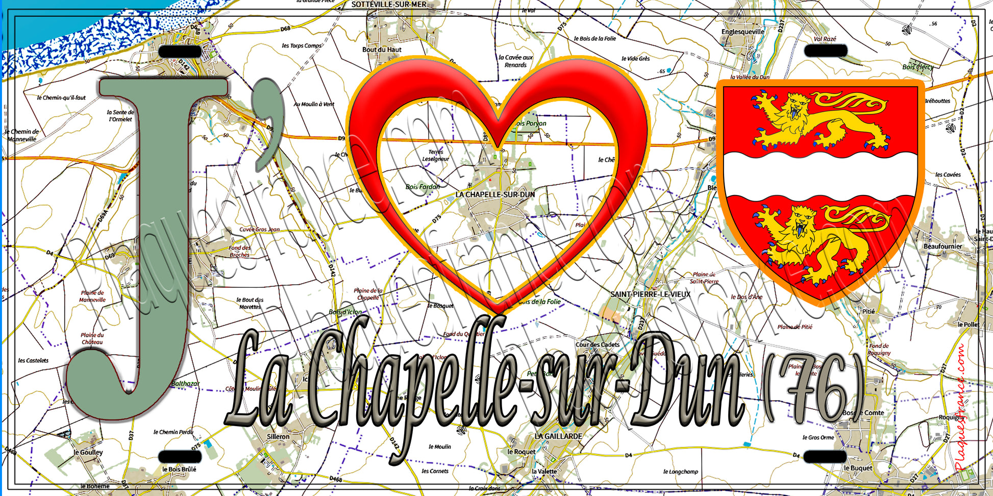 Plaque métal décorative 15X30 J' ❤️ La Chapelle-sur-Dun, Seine Maritime (76) géo