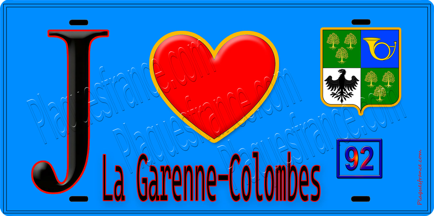 Plaque métal décorative  J' ❤️ La Garenne-Colombes, Hauts de Seine (92) fond bleu