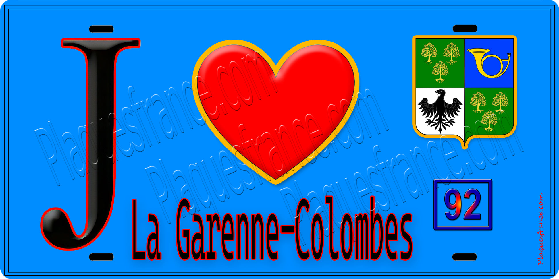 Plaque métal décorative  J' ❤️ La Garenne-Colombes, Hauts de Seine (92) fond bleu