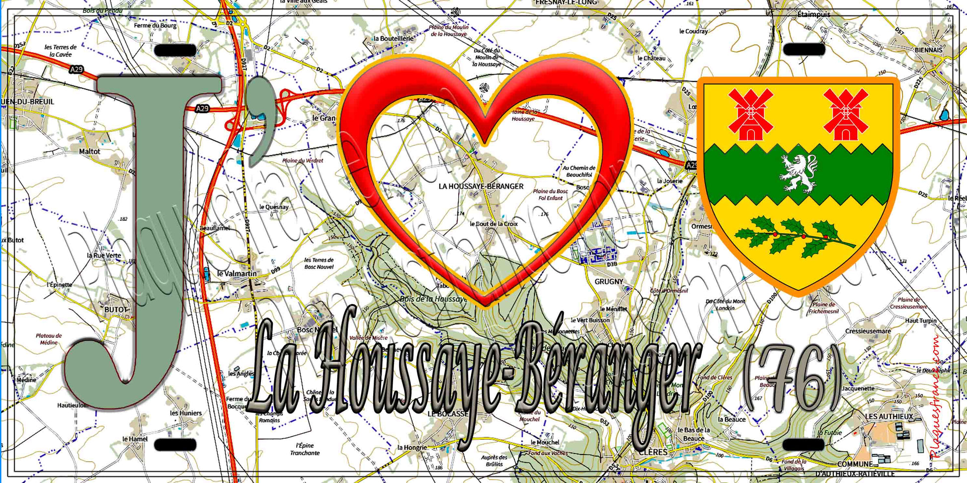Plaque métal décorative 15X30 J' ❤️ La Houssaye-Béranger, Seine Maritime (76) geo