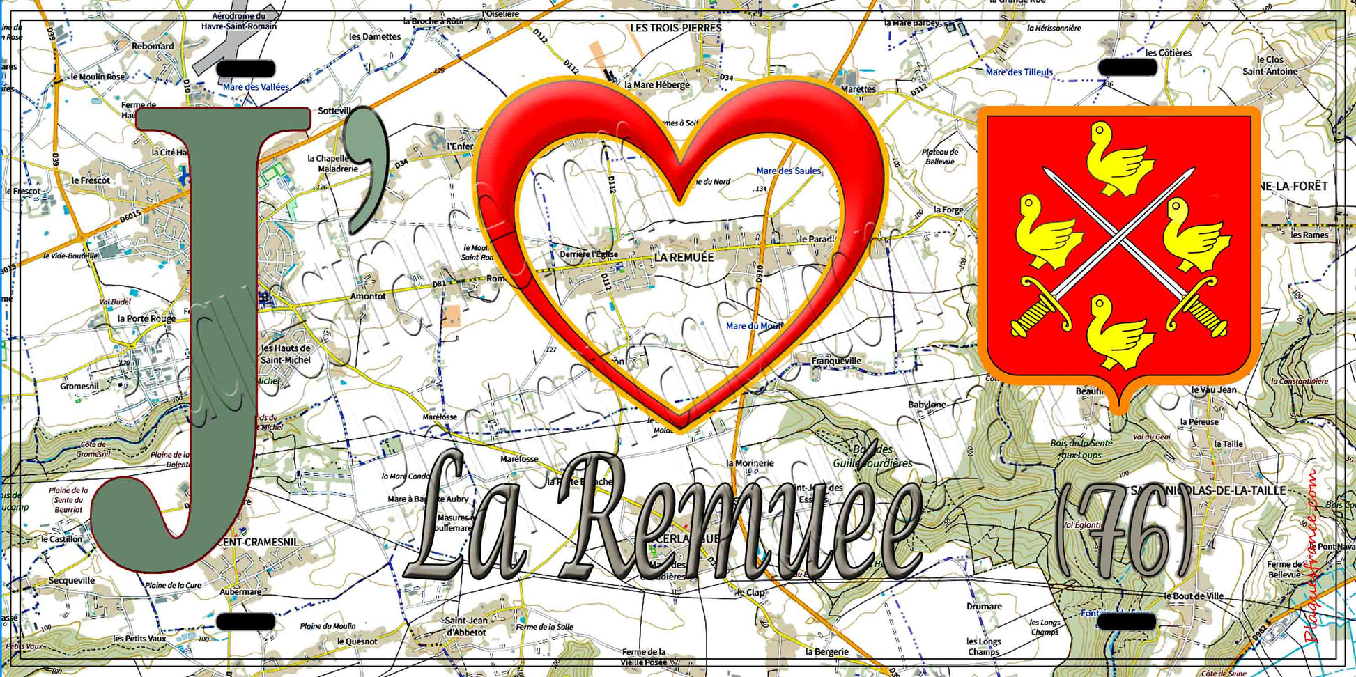 Plaque métal décorative 15X30 J' ❤️ La Remuée, Seine Maritime (76) géo