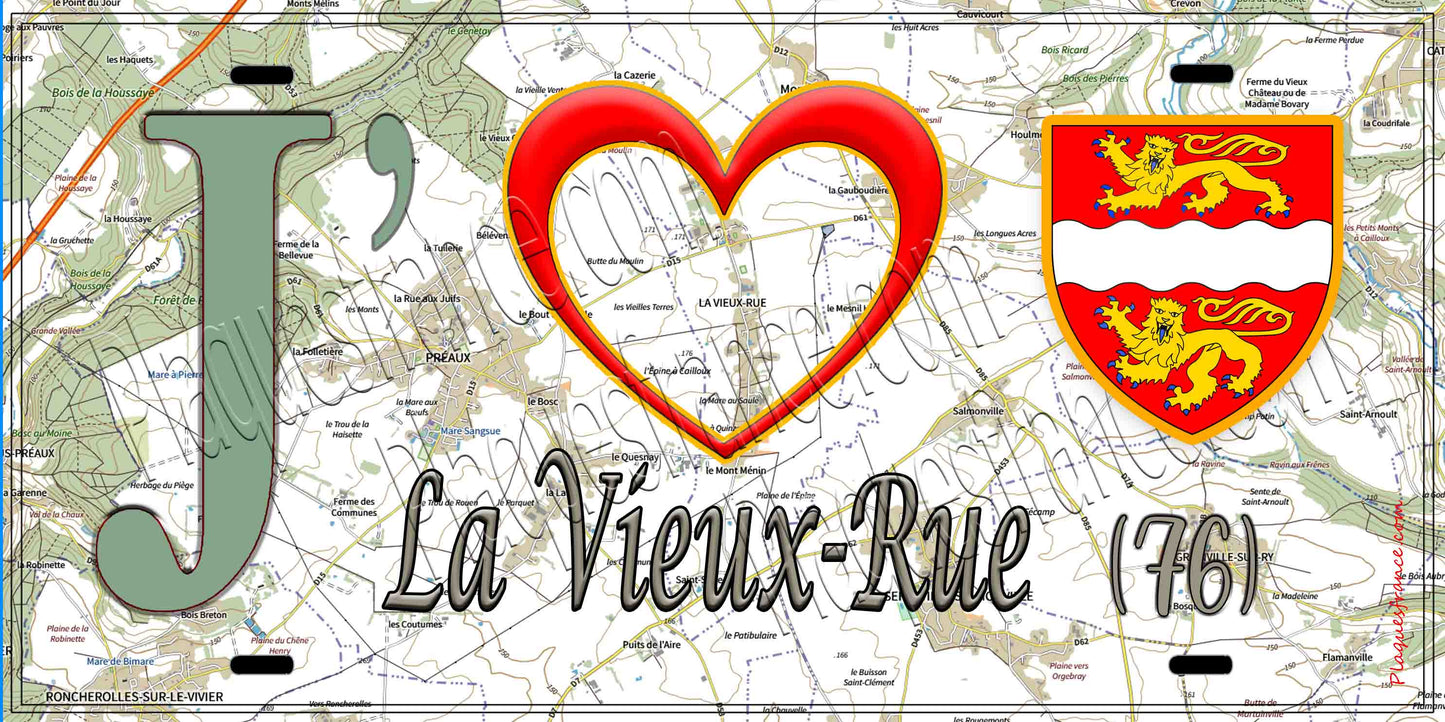 Plaque métal décorative 15X30 J' ❤️ La Vieux-Rue, Seine Maritime (76)