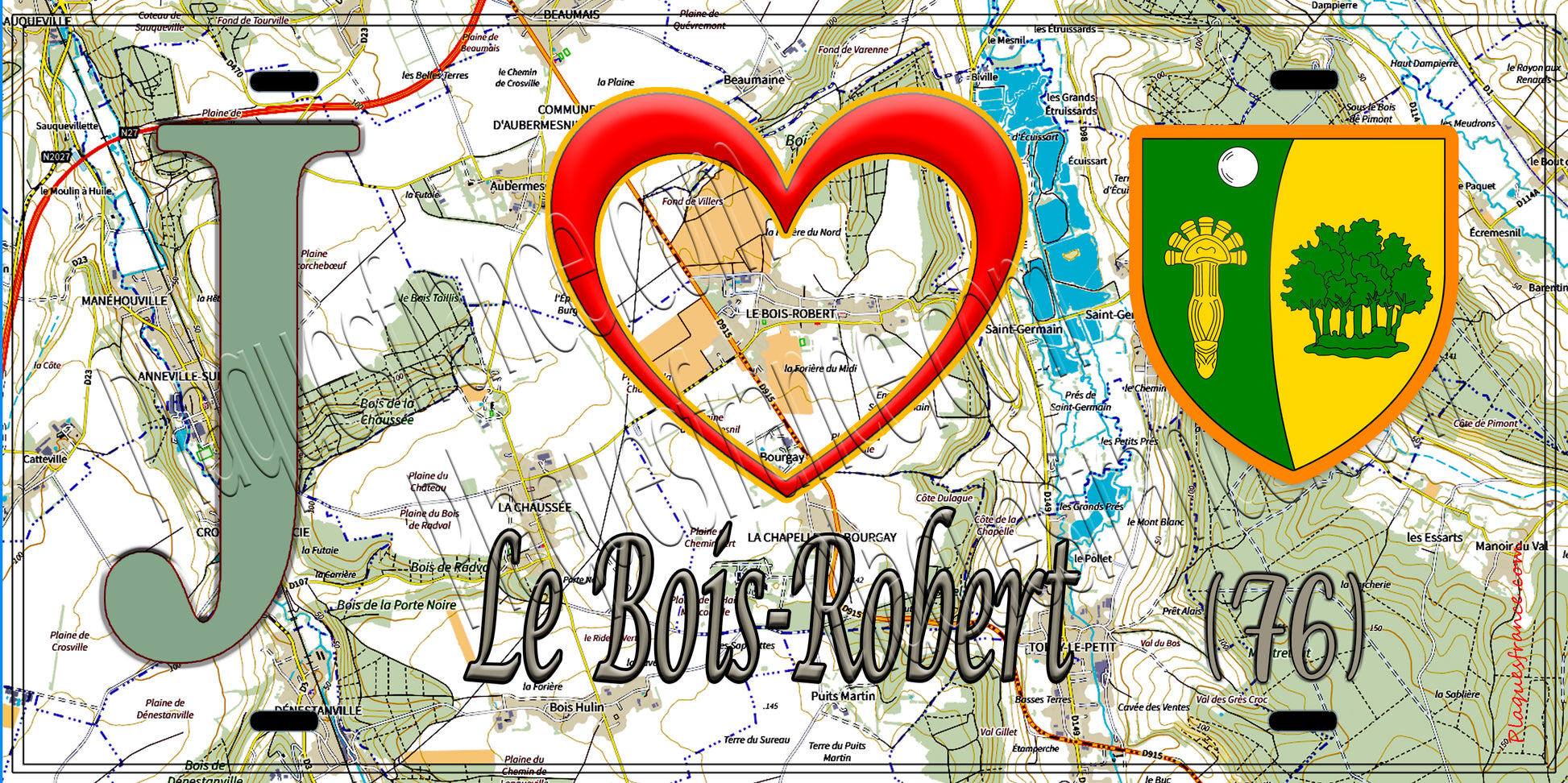 Plaque métal décorative 15x30 J' ❤️ Le Bois-Robert, Seine Maritime (76) géo
