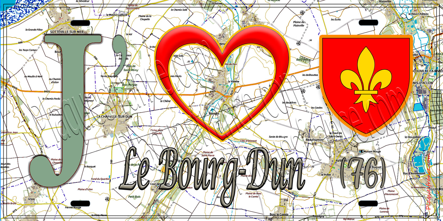 Plaque métal décorative 15X30 J' ❤️ Le Bourg-Dun, Seine Maritime (76) géo