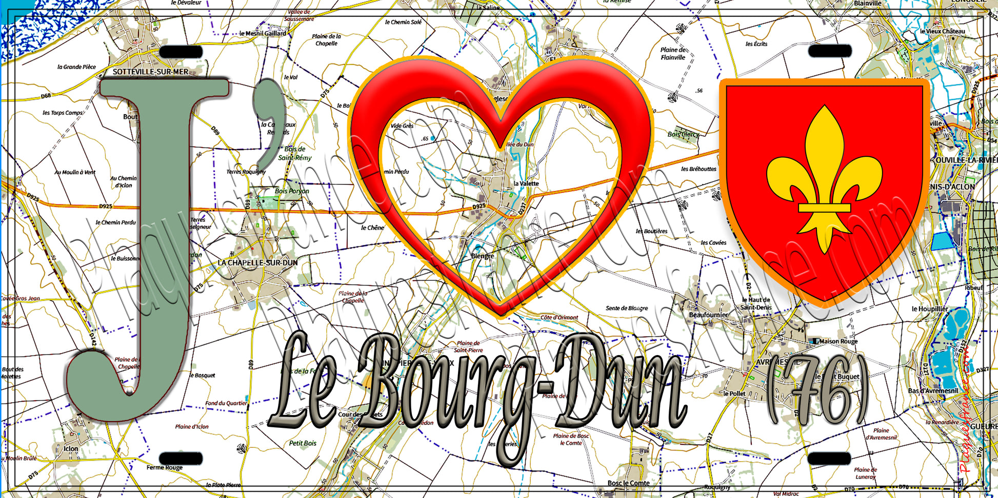Plaque métal décorative 15X30 J' ❤️ Le Bourg-Dun, Seine Maritime (76) géo