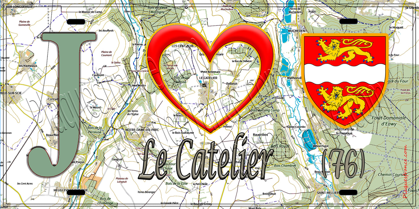 Plaque métal décorative 15x30 J' ❤️ Le Catelier, Seine Maritime (76) géo