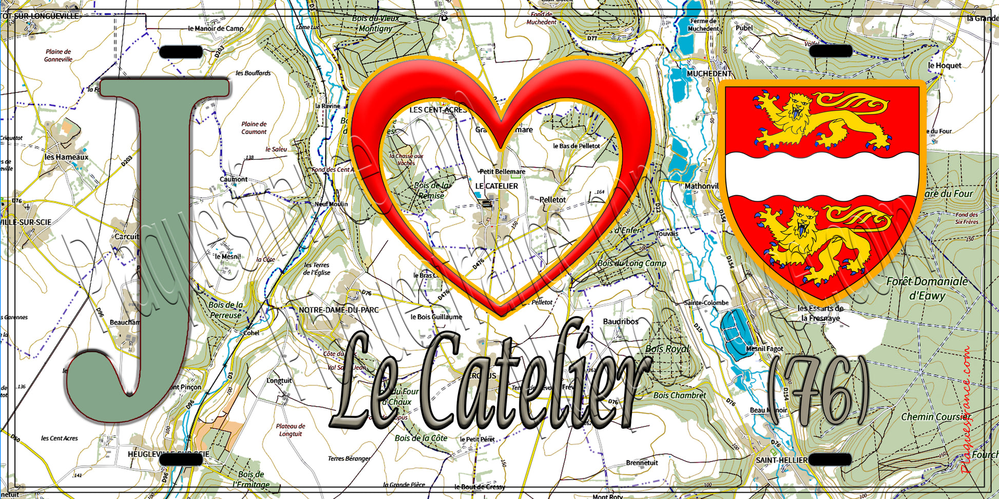 Plaque métal décorative 15x30 J' ❤️ Le Catelier, Seine Maritime (76) géo
