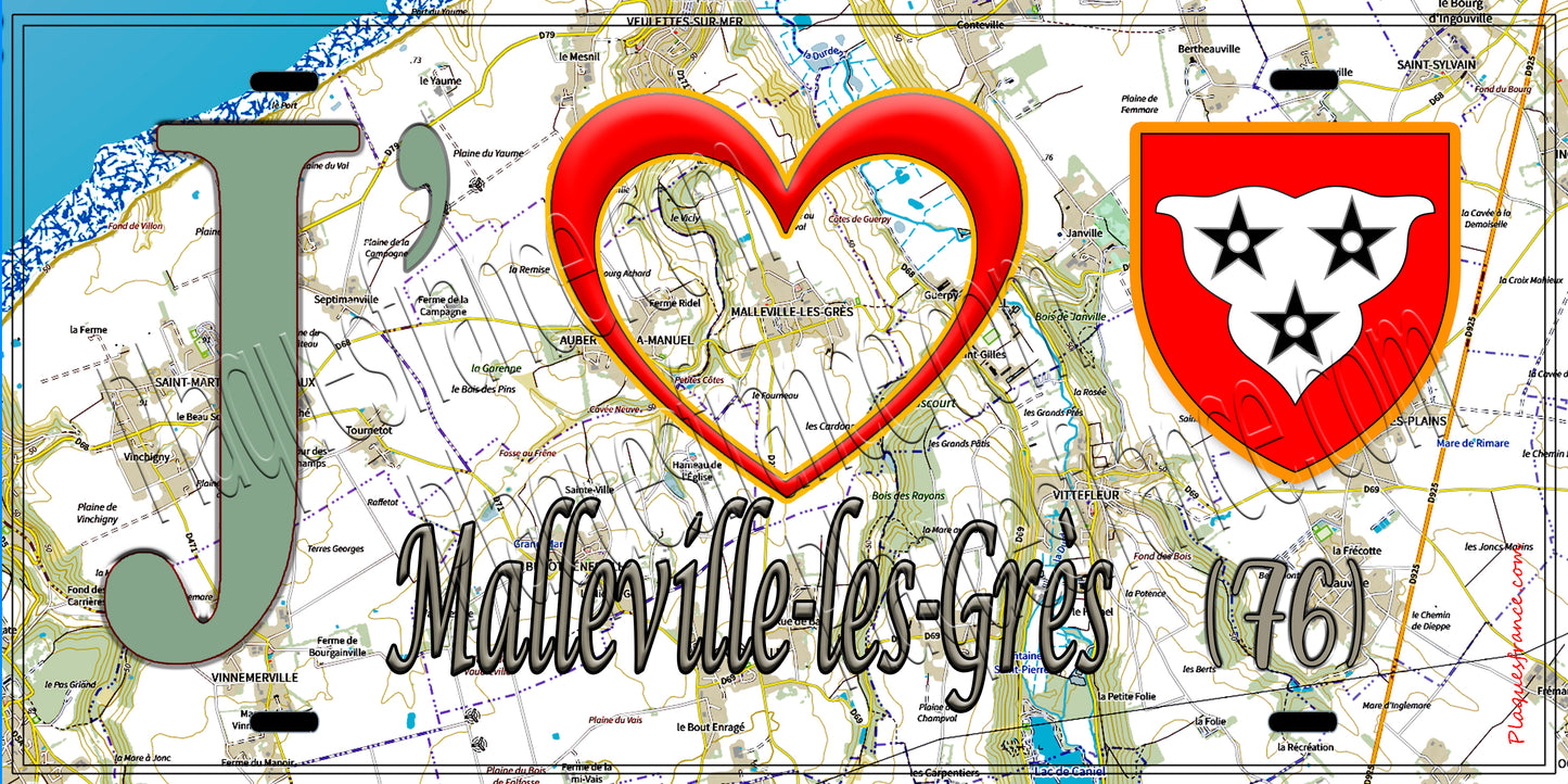 Plaque métal décorative 15X30 J' ❤️ Malleville-les-Grès, Seine Maritime (76) géo