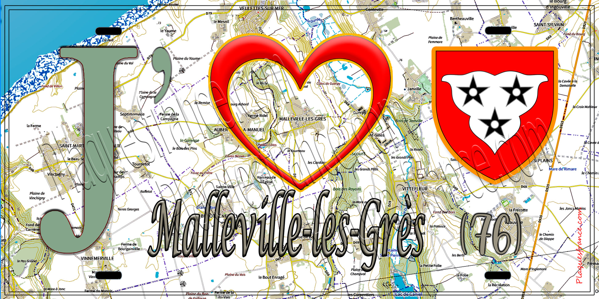 Plaque métal décorative 15X30 J' ❤️ Malleville-les-Grès, Seine Maritime (76) géo