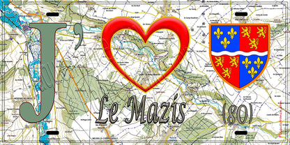 Plaque métal décorative 15X30 J' ❤️ Le Mazis, Somme (80) géo