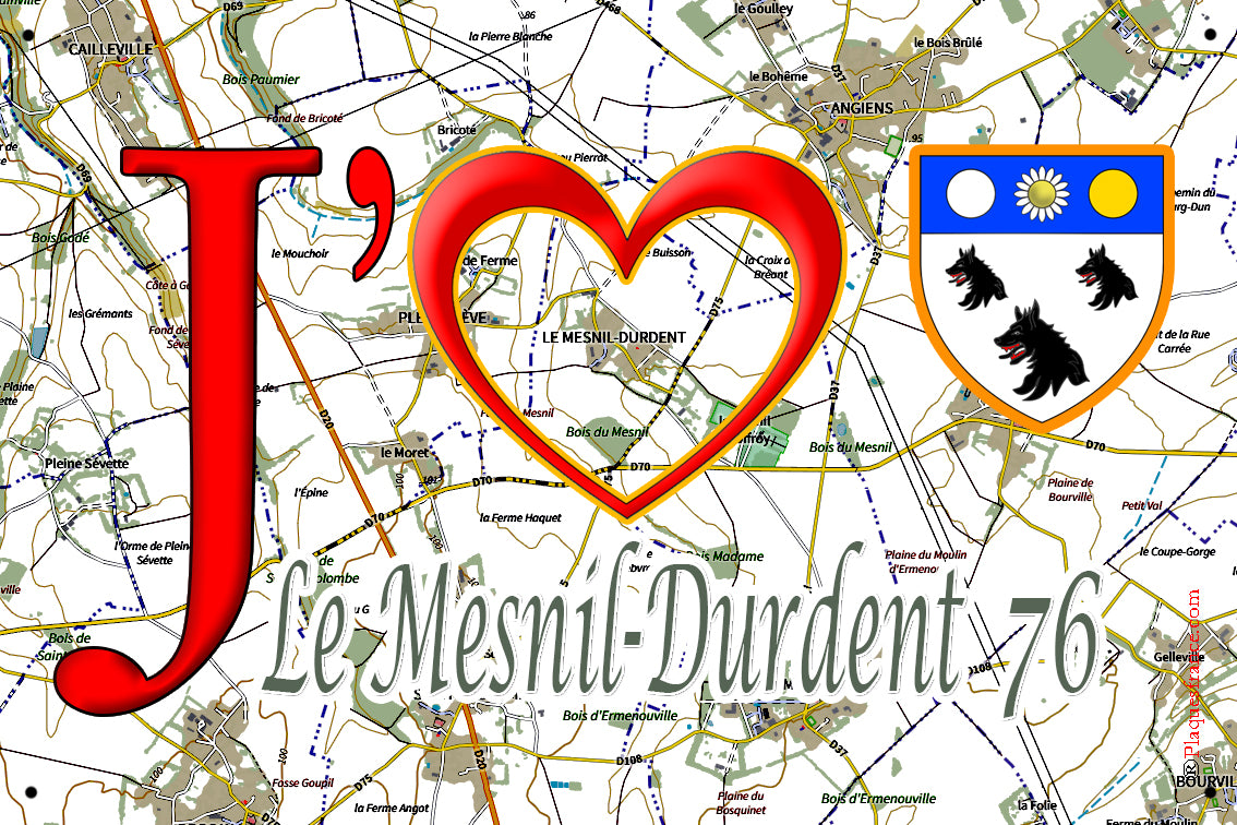 Plaque métal décorative 20 cm x 30 cm J' ❤️ Le Mesnil-Durdent, Seine Maritime (76)