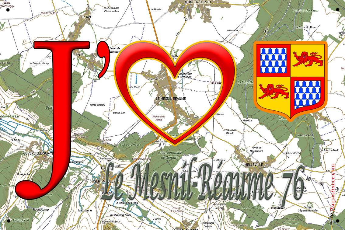 Plaque métal décorative 20 cm x 30 cm J' ❤️ Le Mesnil-Réaume, Seine Maritime (76)