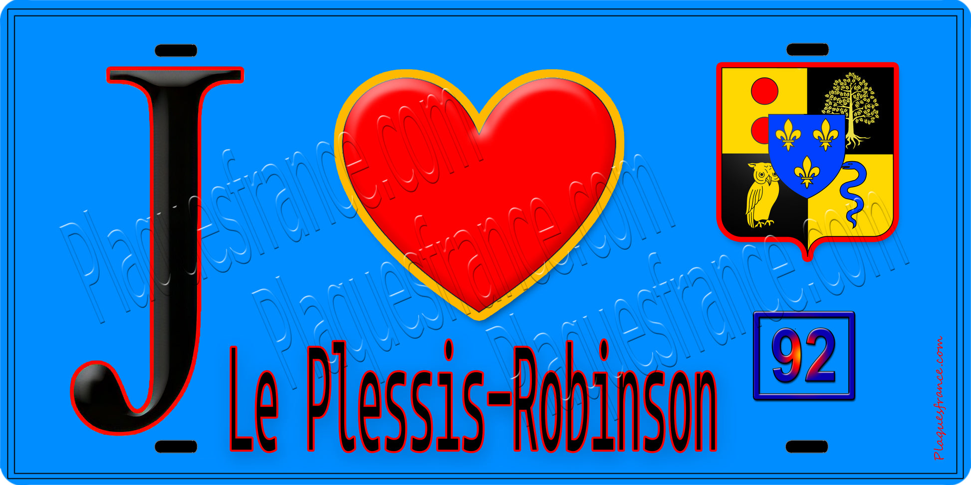 Plaque métal décorative  J' ❤️ Le Plessis-Robinson, Hauts de Seine (92) fond bleu