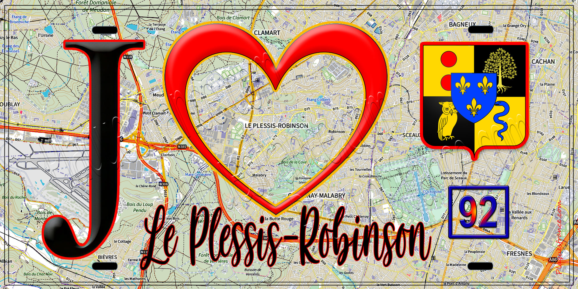 Plaque métal décorative  J' ❤️ Le Plessis-Robinson, Hauts de Seine (92) fond carte