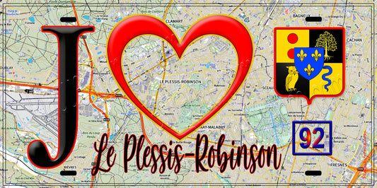 Plaque métal décorative  J' ❤️ Le Plessis-Robinson, Hauts de Seine (92) fond carte