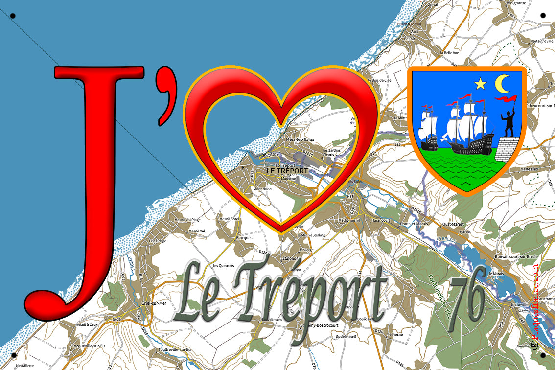 Plaque métal décorative  20 cm x 30 cm J' ❤️ Le Tréport, Seine Maritime (76)