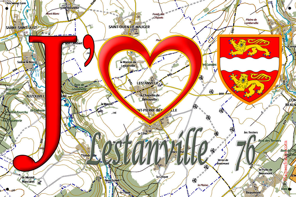 Plaque métal décorative 20 cm x 30 cm J' ❤️ Lestanville, Seine Maritime (76)