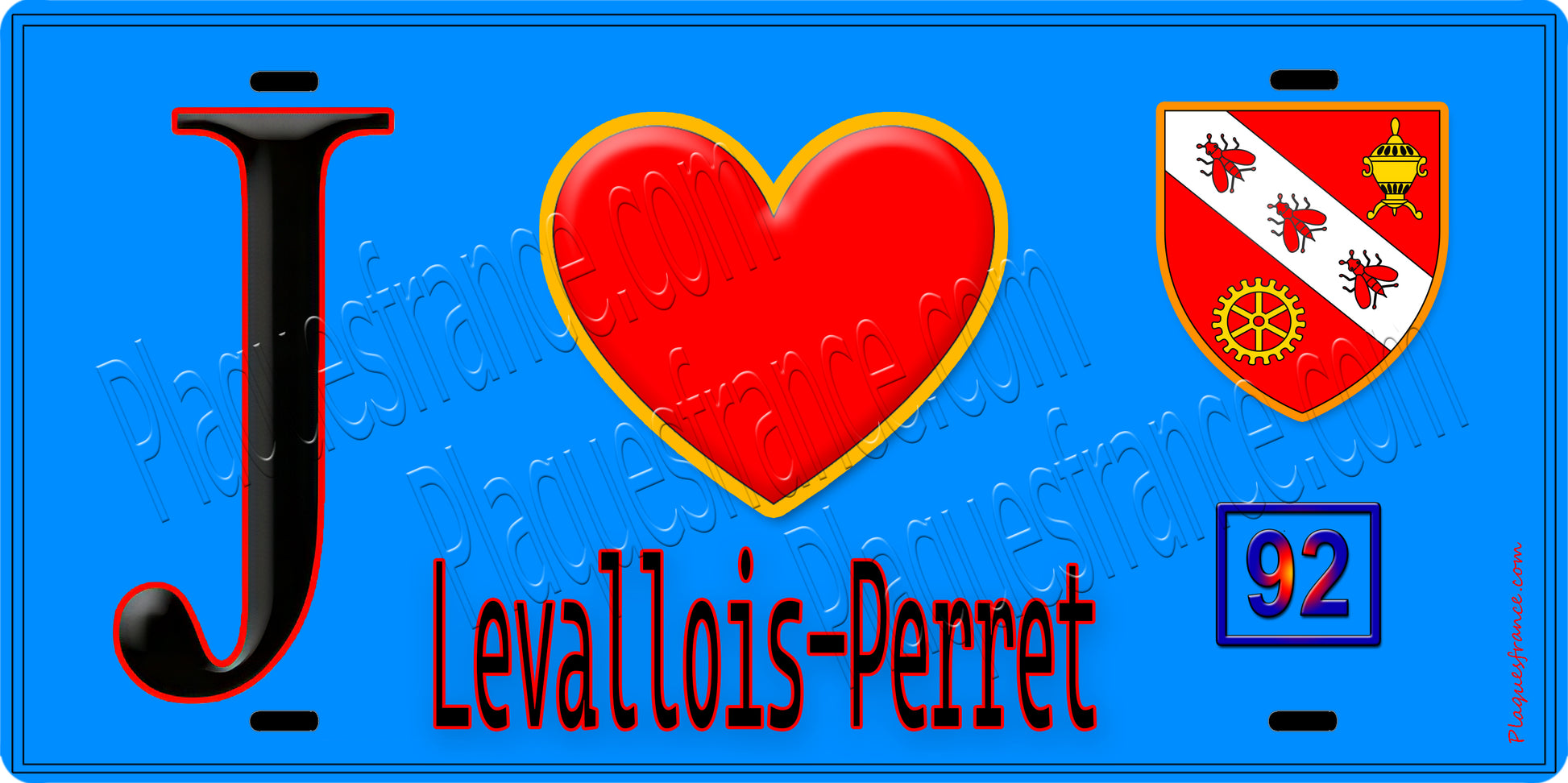 Plaque métal décorative  J' ❤️ Levallois-Perret, Hauts de Seine (92) fond bleu
