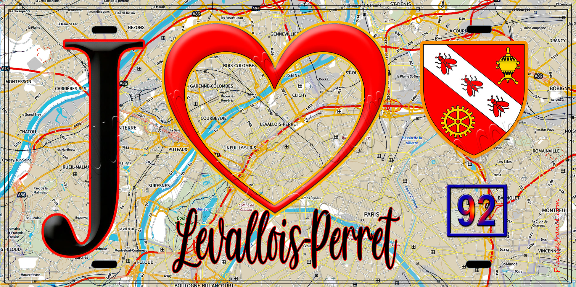 Plaque métal décorative  J' ❤️ Levallois-Perret, Hauts de Seine (92) fond carte