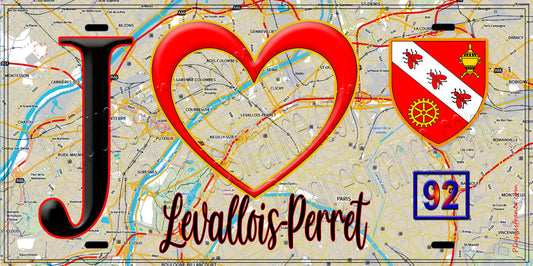 Plaque métal décorative  J' ❤️ Levallois-Perret, Hauts de Seine (92) fond carte