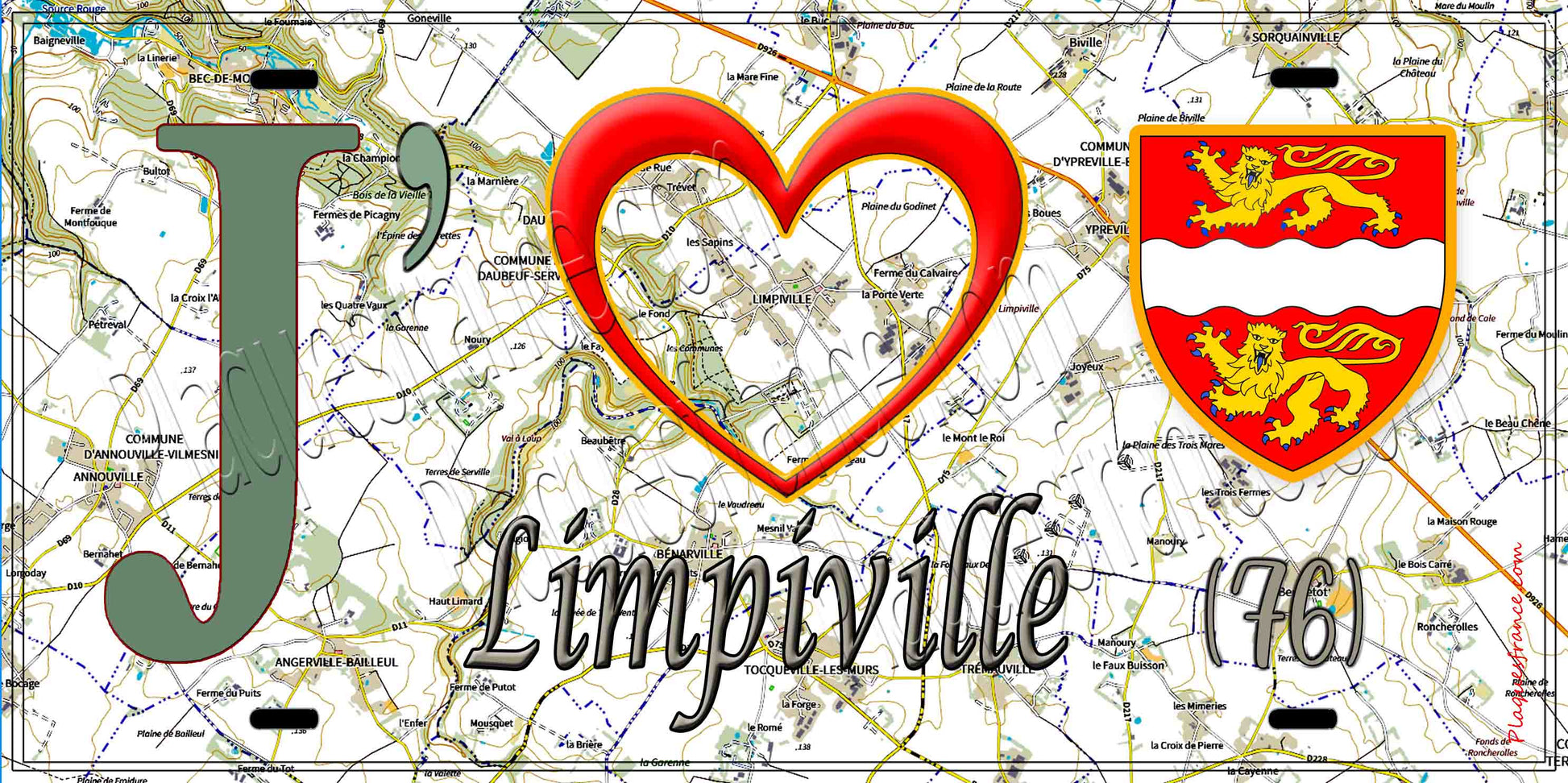 Plaque métal décorative 15X30 J' ❤️ Limpiville, Seine Maritime (76) géo