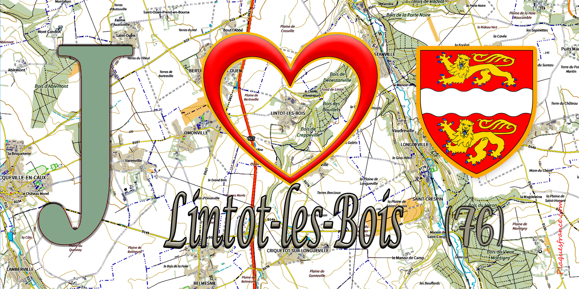 Plaque métal décorative 15x30 J' ❤️ Lintot-les-Bois, Seine Maritime (76) géo