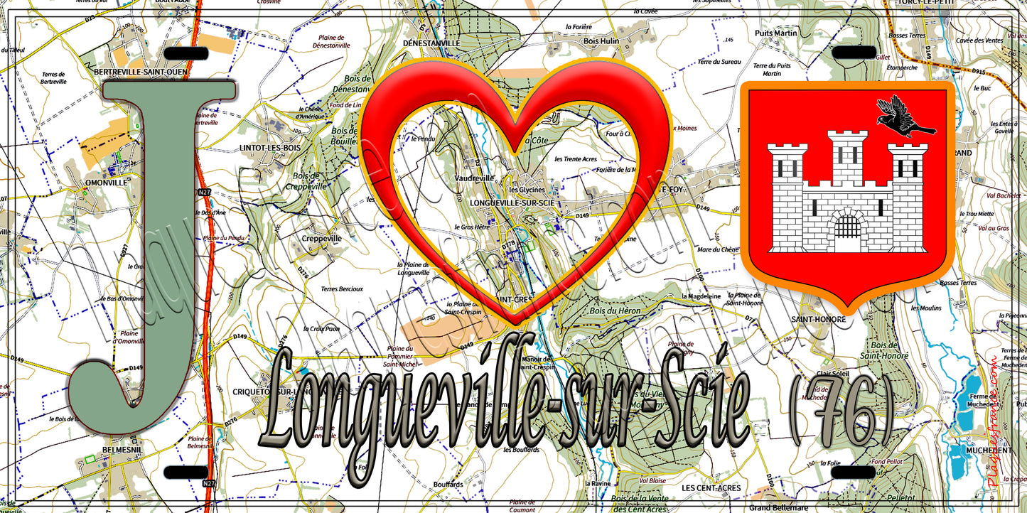 Plaque métal décorative 15x30 J' ❤️ Longueville-sur-Scie, Seine Maritime (76) géo