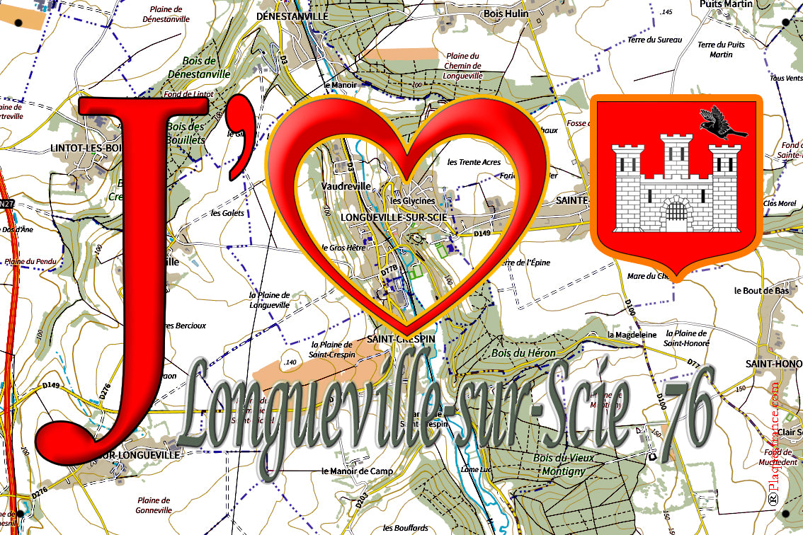 Plaque métal décorative 20 cm x 30 cm  J' ❤️ Longueville-sur-Scie, Seine Maritime (76)
